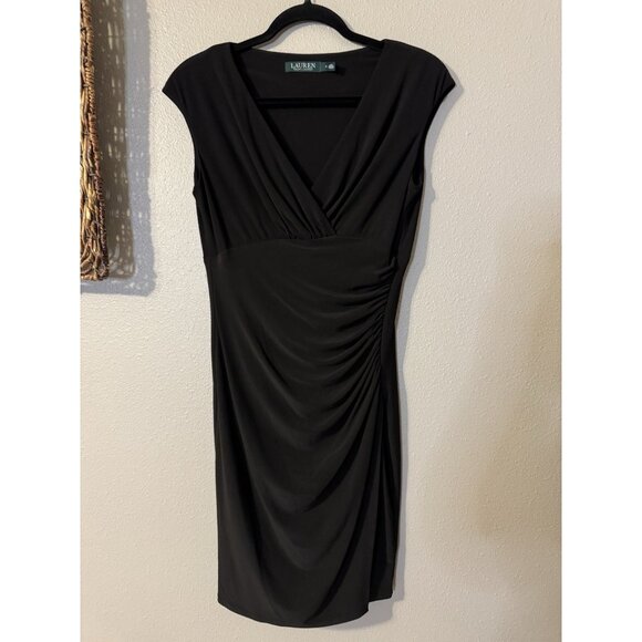 Ralph Lauren Black Dress 8 Stretch Sheath Ruched V Neck Cap Sleeve Washable - Picture 8 of 10